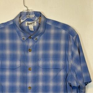 Duluth Trading Co Blue and White Plaid Button Down Shirt Untucked Size XL Bin 5